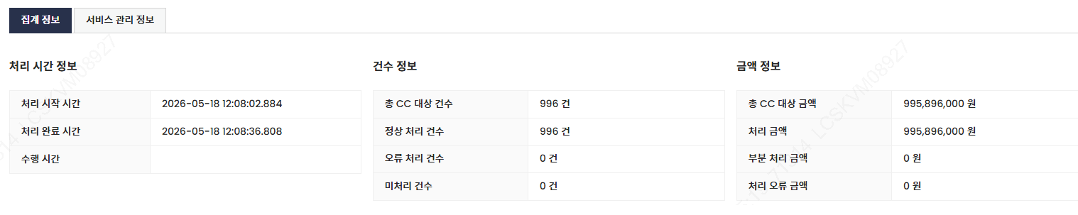 센터컷 집계 정보 화면